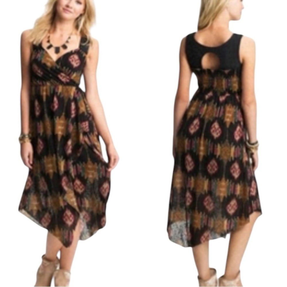Free People Boho All Wrapped Up Crochet Ikat Midi Dress Small Black Cognac NWT